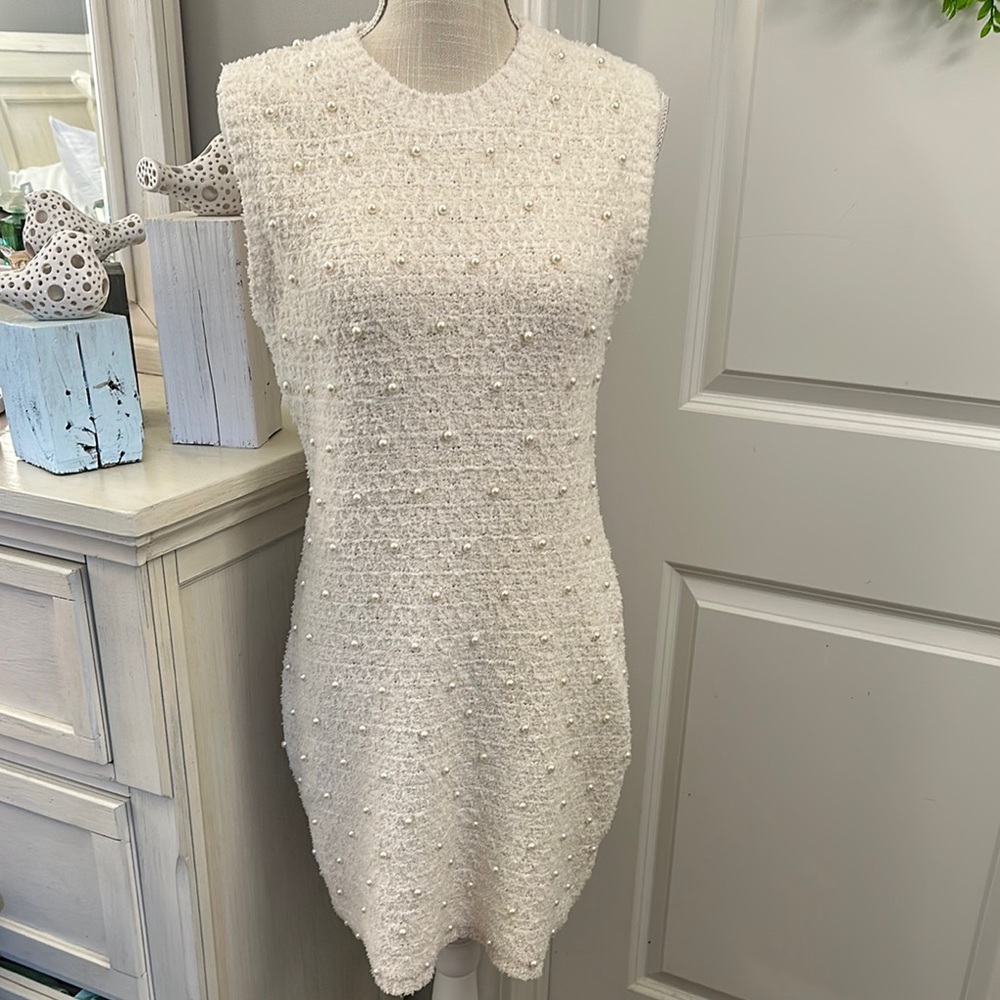 Social House Size Large Ivory Sleeveless Sweater Dress with Pearl Details EUC